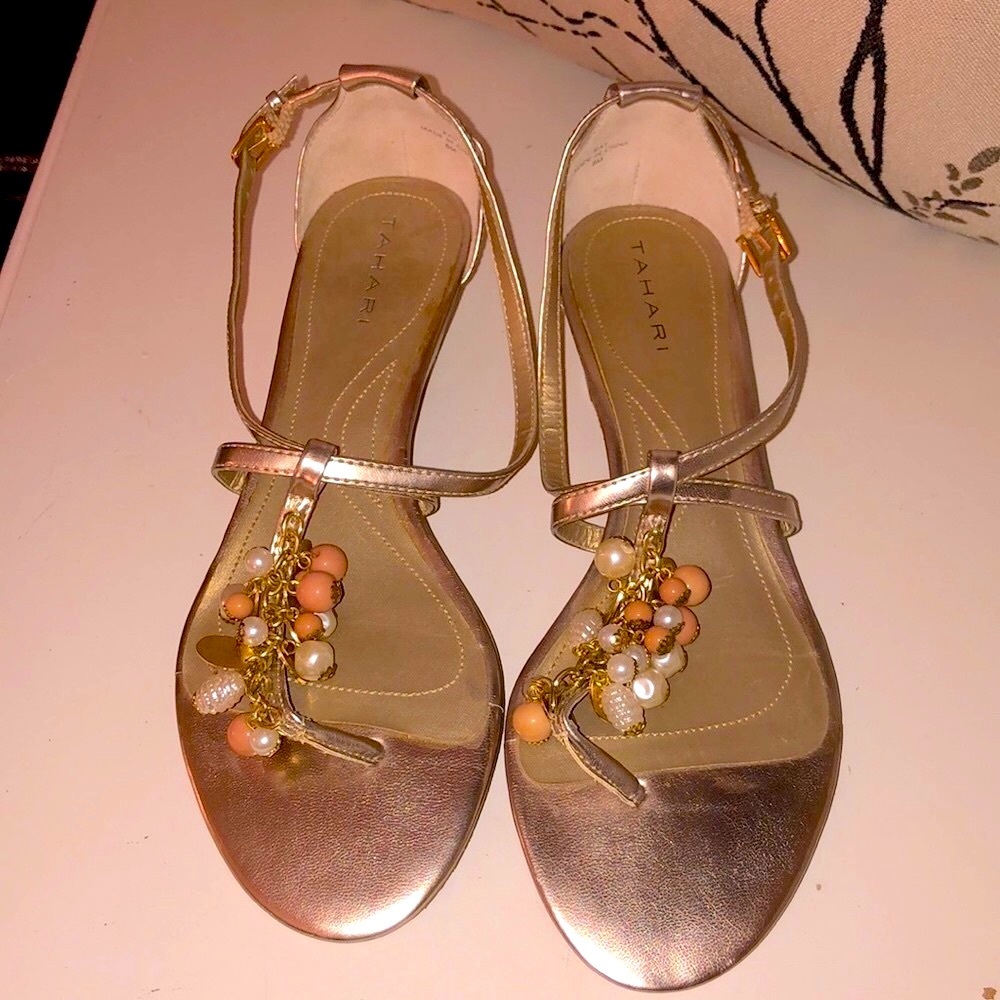 NWOT new Tahari brand gold wedge sandals with pearl and orange beads on front